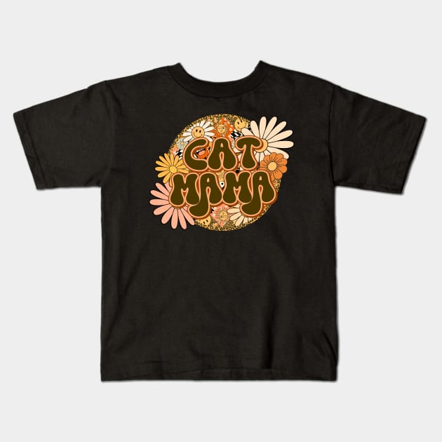 Cat Mama Retro Groovy Floral Leopard Kids T-Shirt by BuddyandPrecious